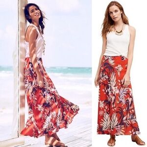 Anthropologie HD in Paris tropical Floral red orange Maxi silk Skirt